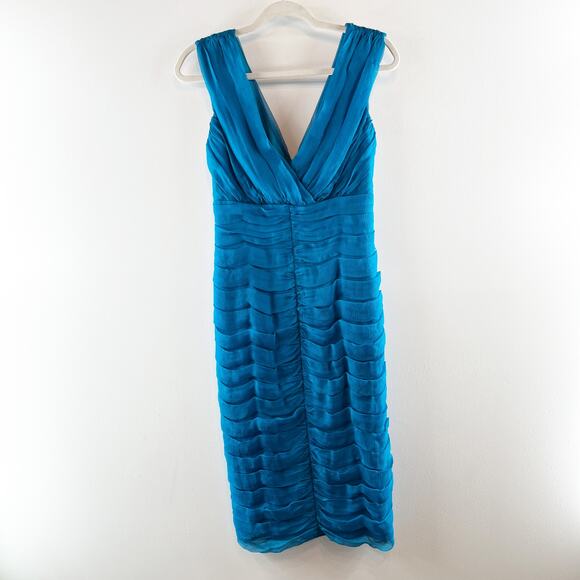 Tadashi Collection Silk Layered V Neck Knee Length Teal Blue Dress 4 - Picture 1 of 9